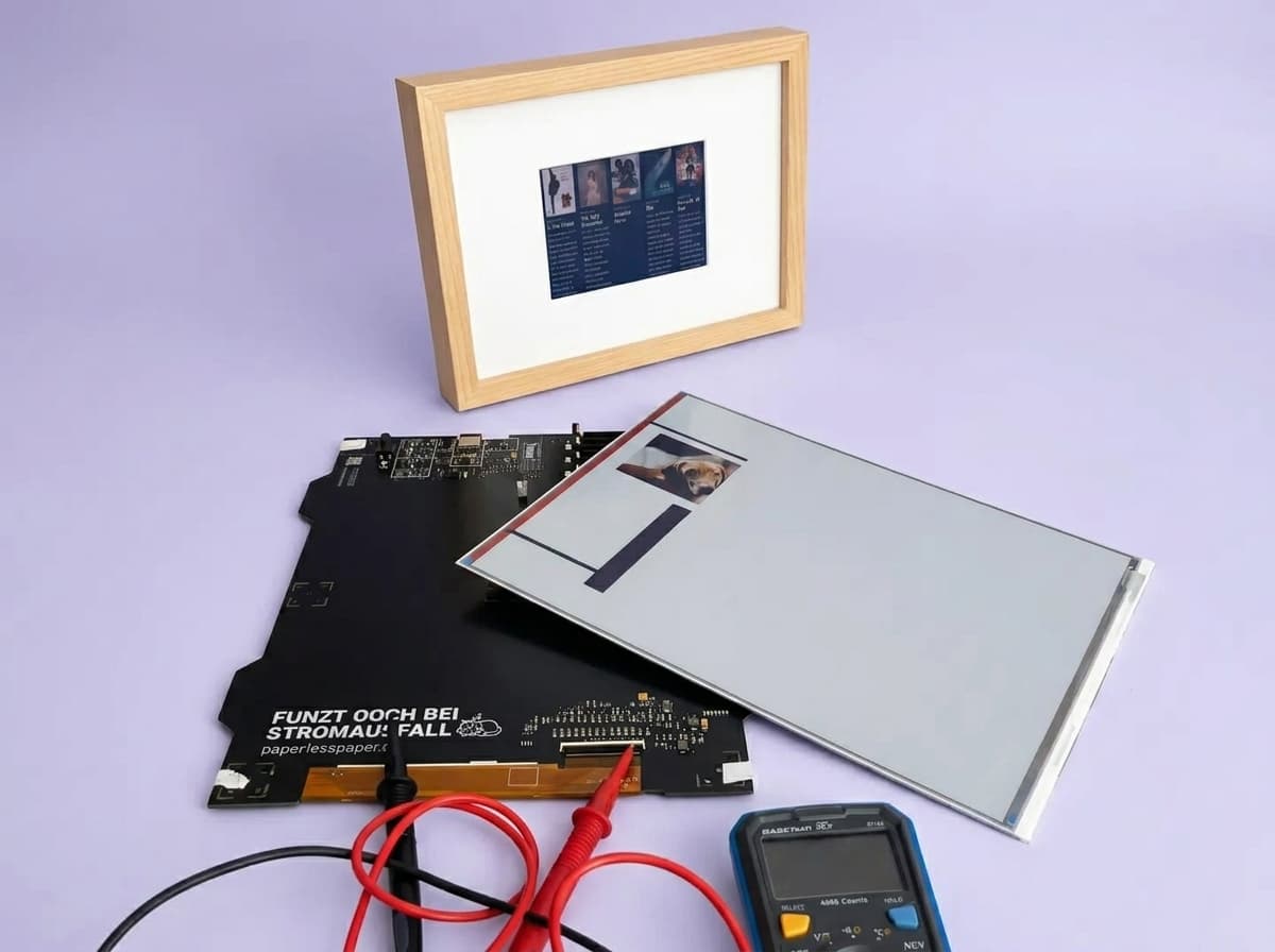 OpenPaperL-Platine und Display liegen vor einem fertigen OpenPaper7, daneben ein Messgerät