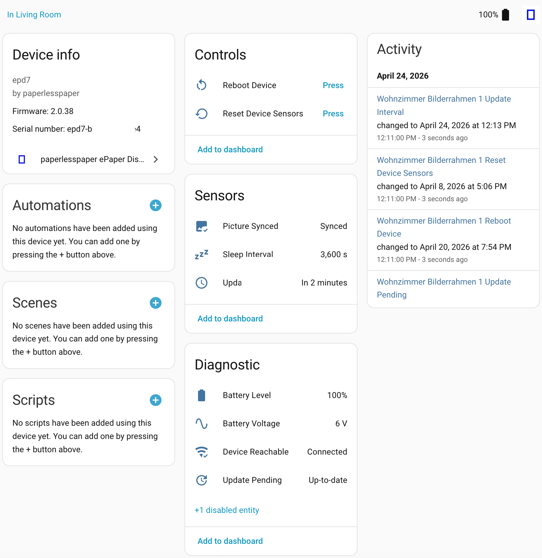 – Ein Screenshot welcher einen Überblick über das Home Assistant Dashboard für paperlesspaper-Rahmen zeigt